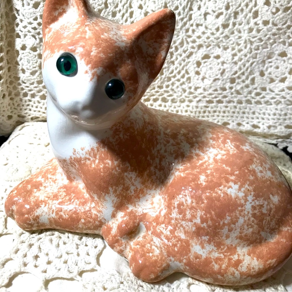 Vintage Elpa Alcobaca made in Portugal spongware kitty Kat, Green glass eyes